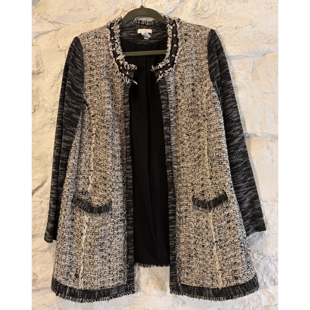 Chico's Tweed Longline Jacket Black White Studded Fray Edgy Artsy Parisian Chic